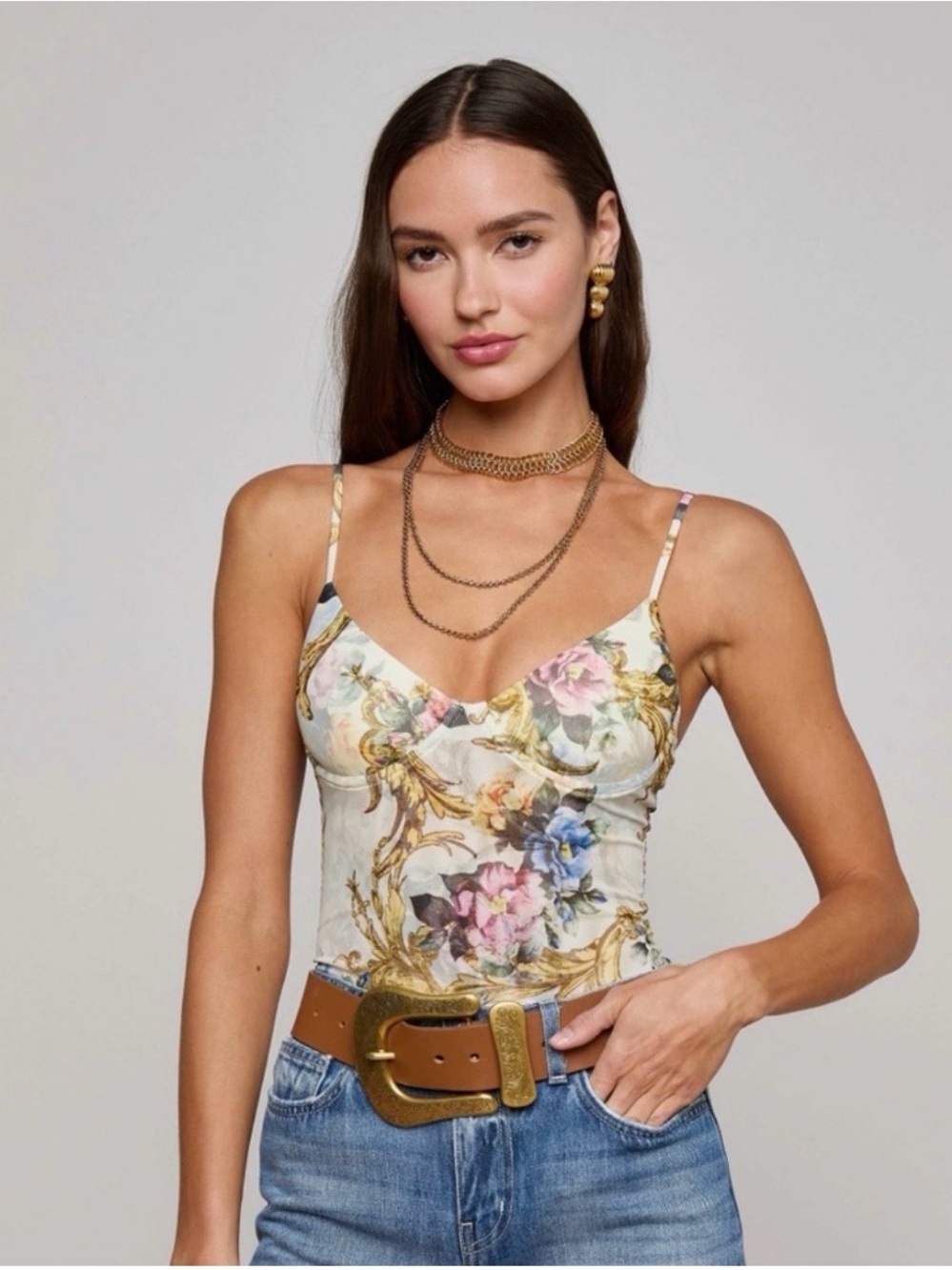 L'AGENCE Cream Floral V-Neck Spaghetti-Strap Camisole NWT